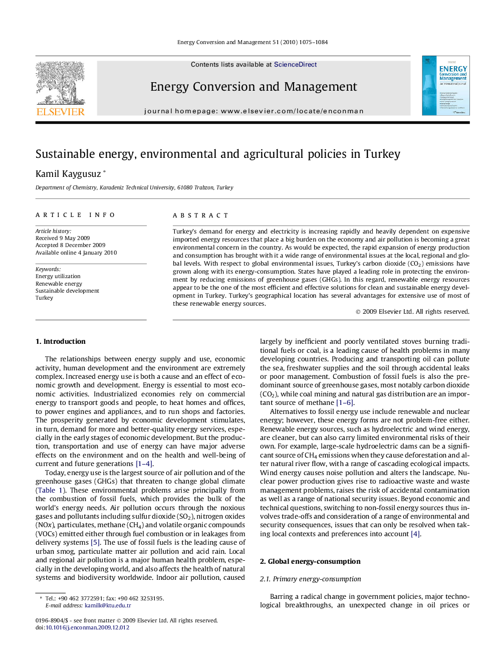 Sustainable energy, environmental and agricultural policies in Turkey