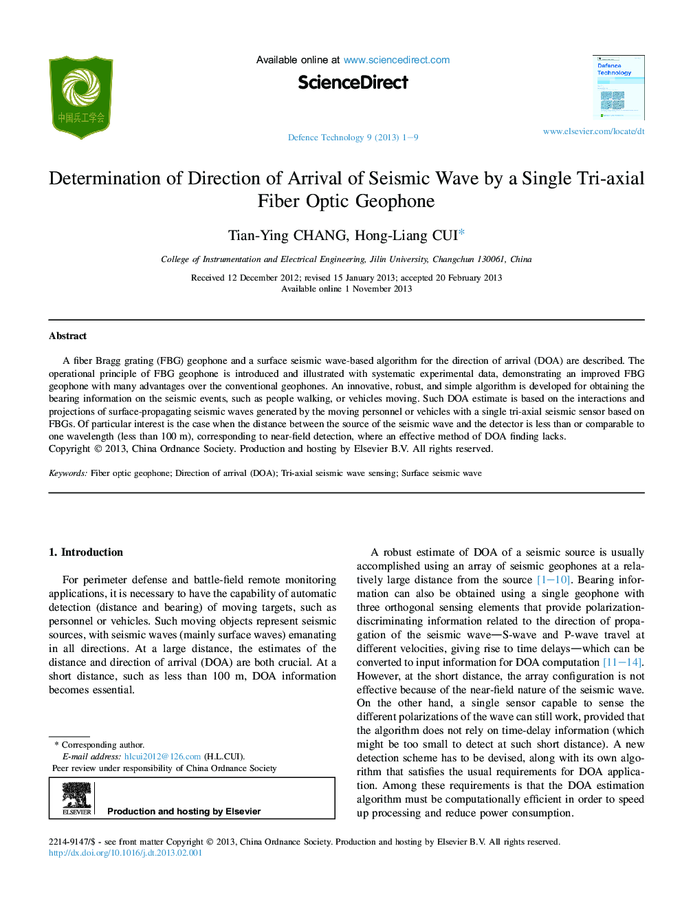 Determination of Direction of Arrival of Seismic Wave by a Single Tri-axial Fiber Optic Geophone 