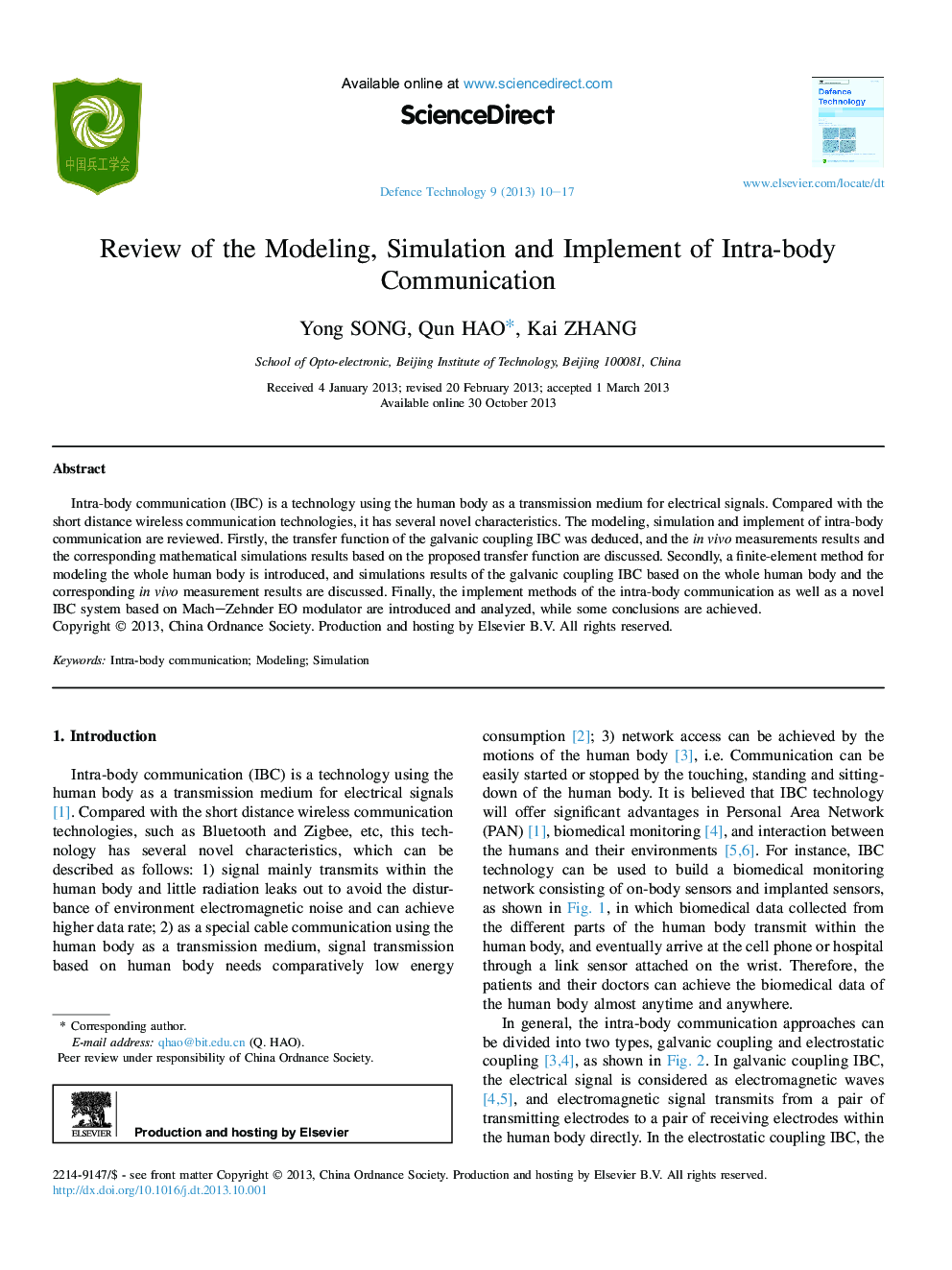 Review of the Modeling, Simulation and Implement of Intra-body Communication 