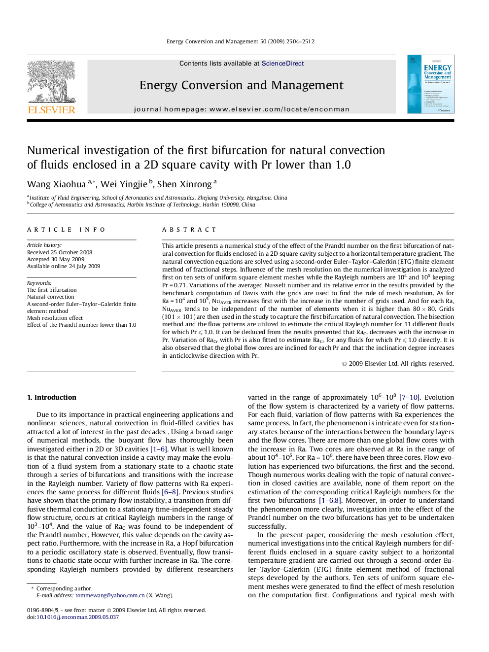 Numerical investigation of the first bifurcation for natural convection of fluids enclosed in a 2D square cavity with Pr lower than 1.0