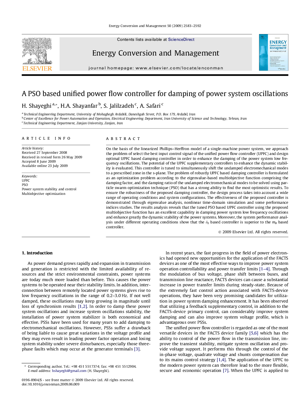 A PSO based unified power flow controller for damping of power system oscillations