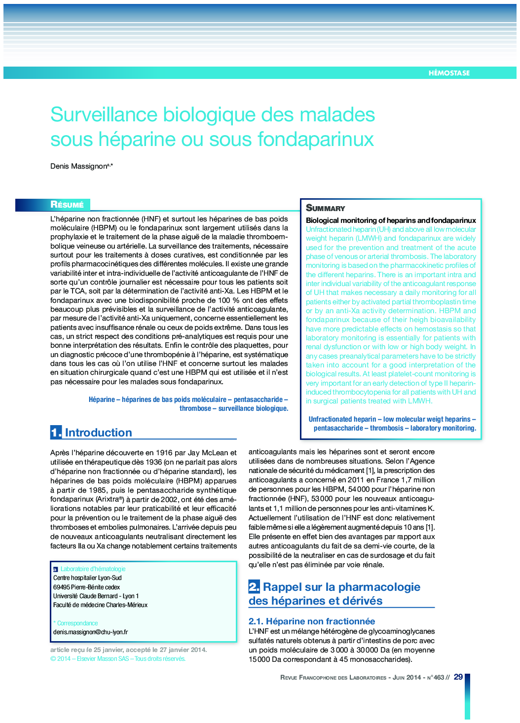 Surveillance biologique des malades sous héparine ou sous fondaparinux