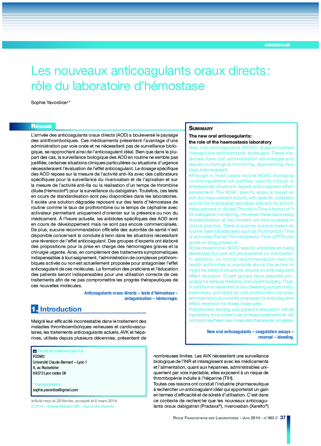 Les nouveaux anticoagulants oraux directs : rÃ´le du laboratoire d'hémostase