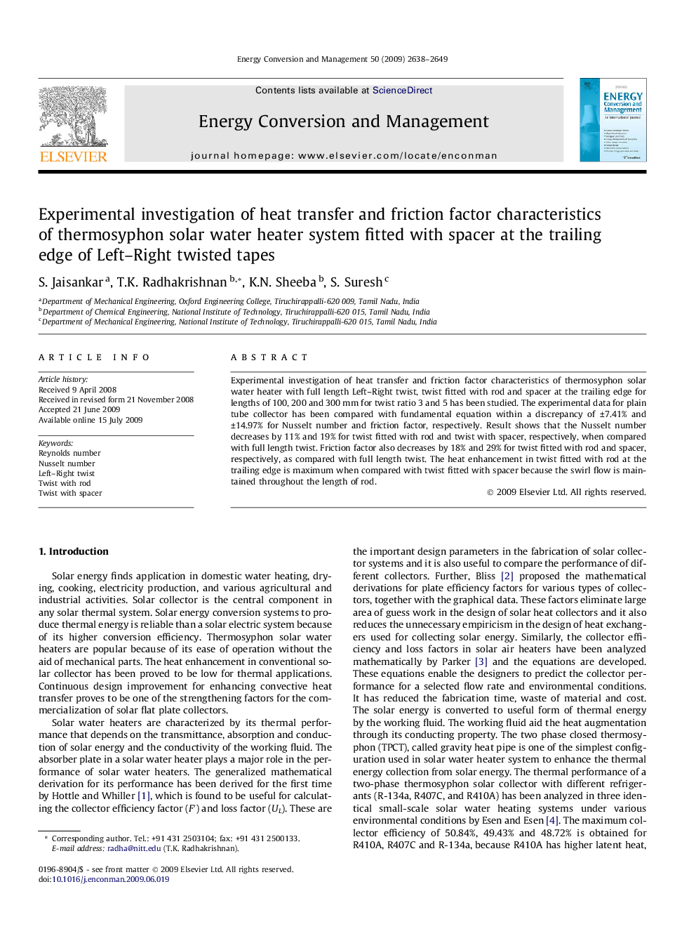 Experimental investigation of heat transfer and friction factor characteristics of thermosyphon solar water heater system fitted with spacer at the trailing edge of Left–Right twisted tapes