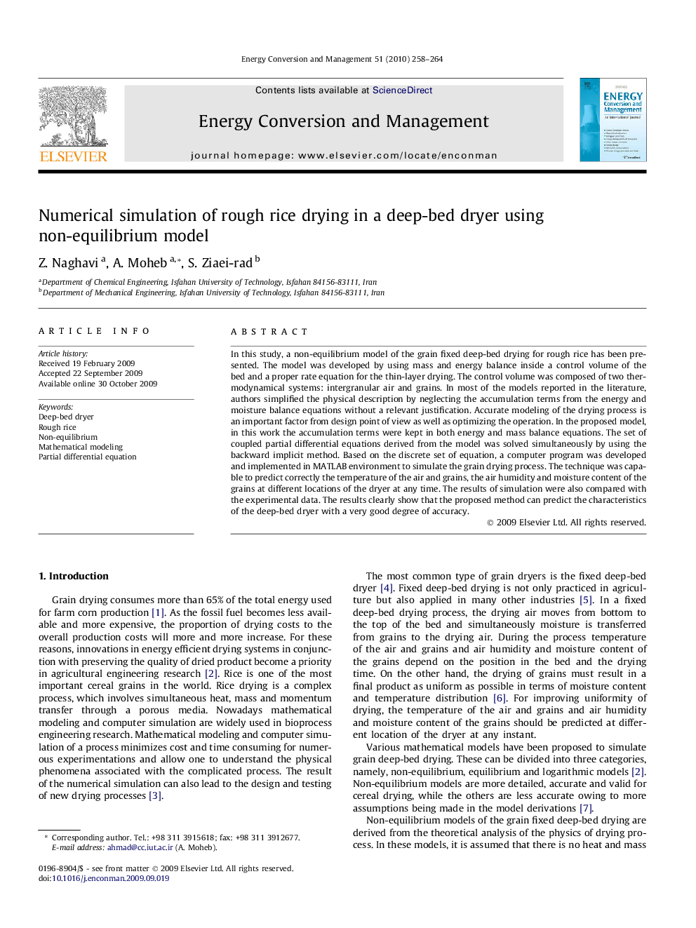 Numerical simulation of rough rice drying in a deep-bed dryer using non-equilibrium model