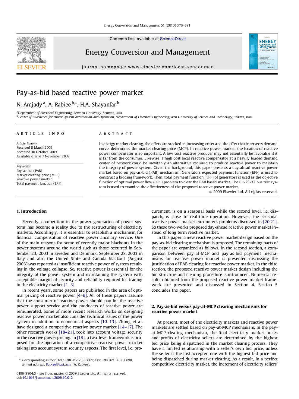 Pay-as-bid based reactive power market