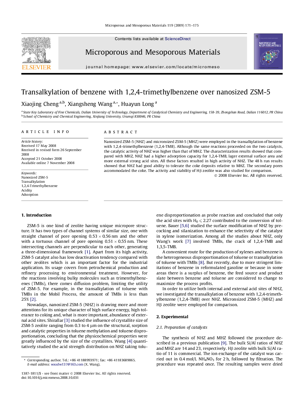 Transalkylation of benzene with 1,2,4-trimethylbenzene over nanosized ZSM-5