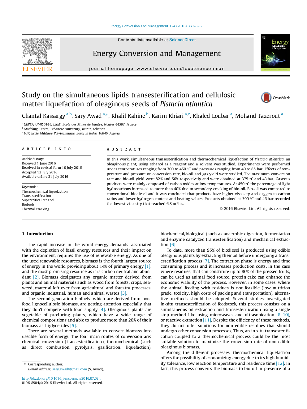 Study on the simultaneous lipids transesterification and cellulosic matter liquefaction of oleaginous seeds of Pistacia atlantica