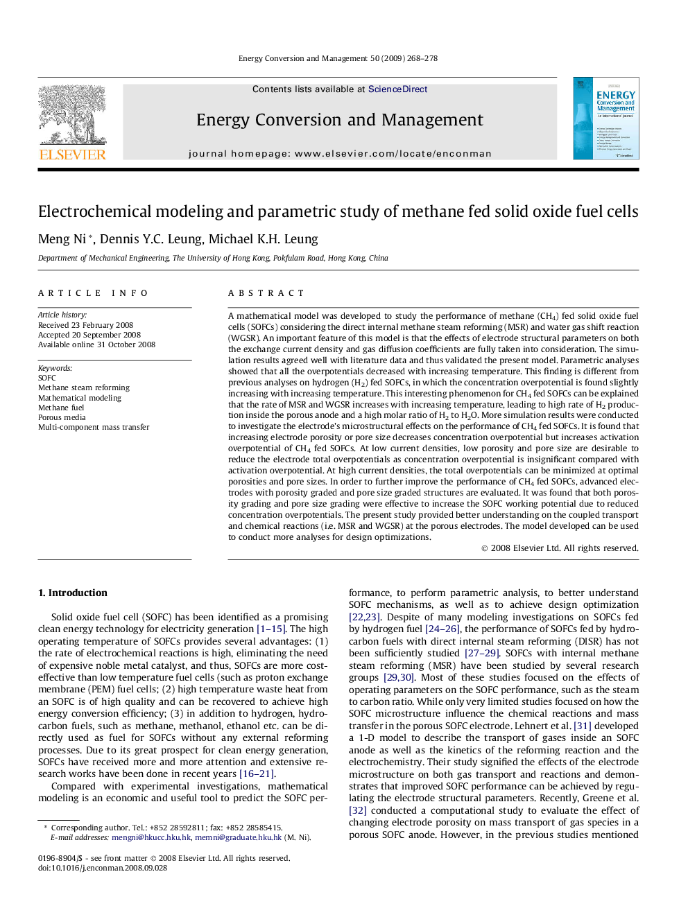 Electrochemical modeling and parametric study of methane fed solid oxide fuel cells