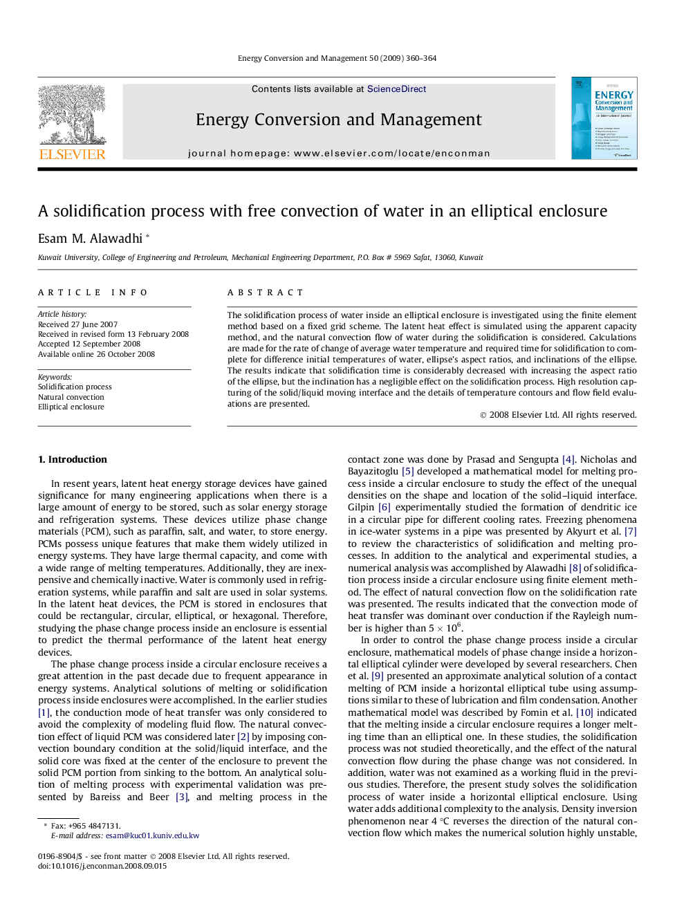 A solidification process with free convection of water in an elliptical enclosure