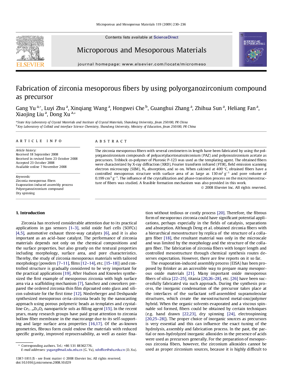 Fabrication of zirconia mesoporous fibers by using polyorganozirconium compound as precursor