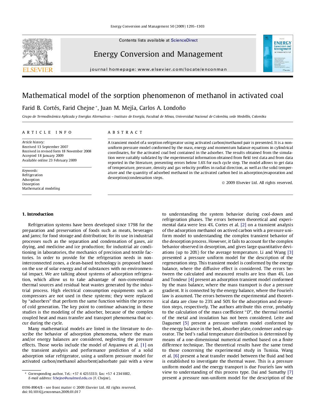 Mathematical model of the sorption phenomenon of methanol in activated coal