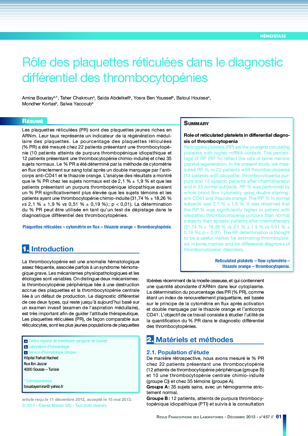 RÃ´le des plaquettes réticulées dans le diagnostic différentiel des thrombocytopénies