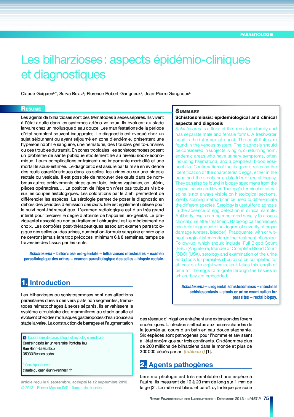 Les bilharzioses : aspects épidémio-cliniques et diagnostiques