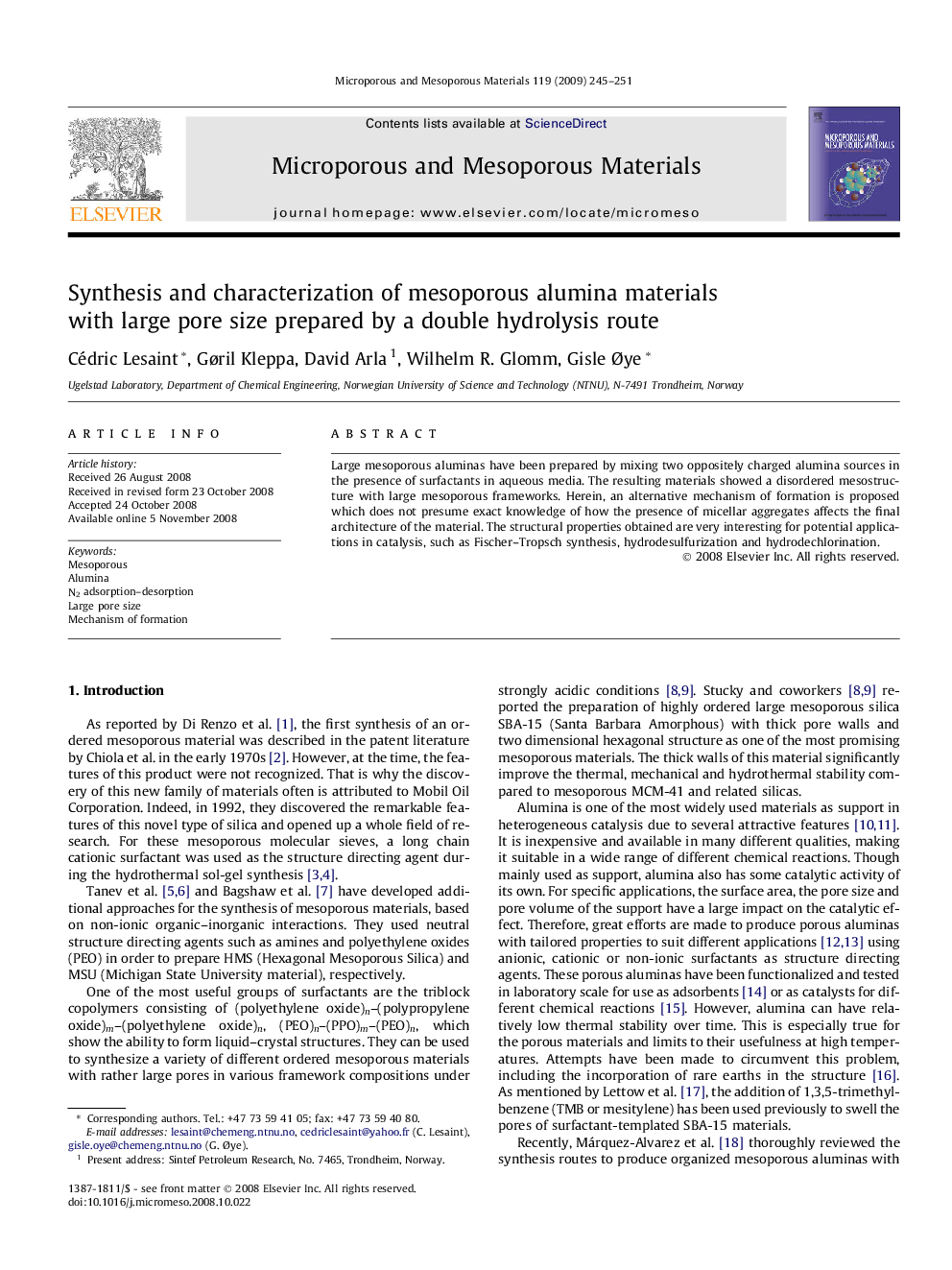 Synthesis and characterization of mesoporous alumina materials with large pore size prepared by a double hydrolysis route