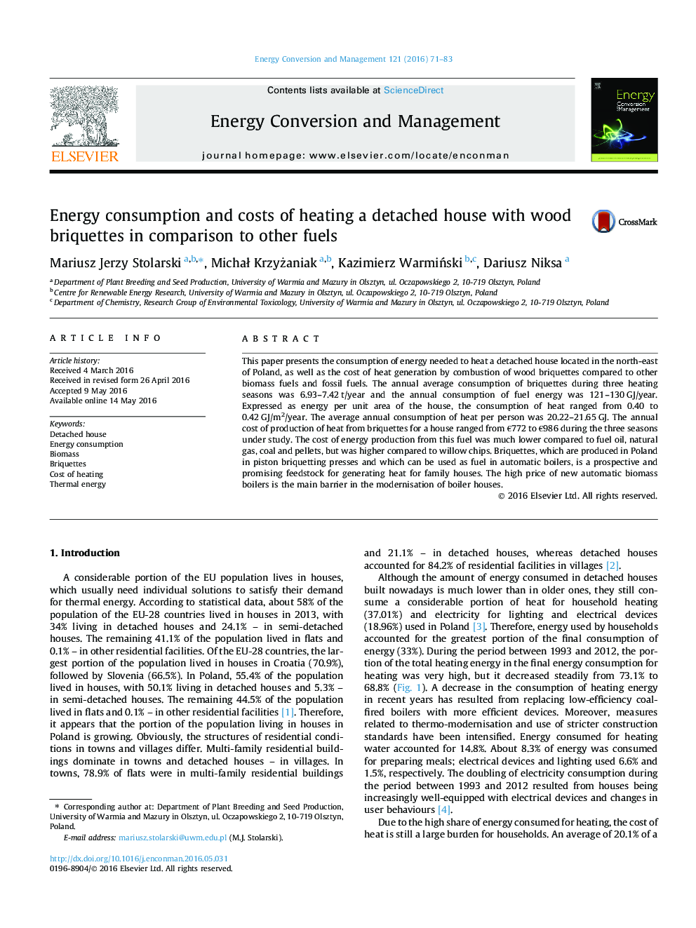 Energy consumption and costs of heating a detached house with wood briquettes in comparison to other fuels