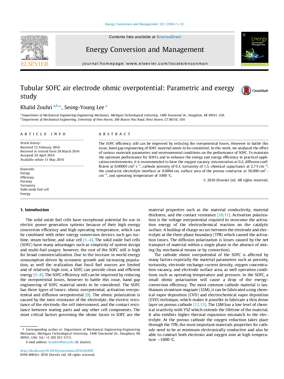 Tubular SOFC air electrode ohmic overpotential: Parametric and exergy study