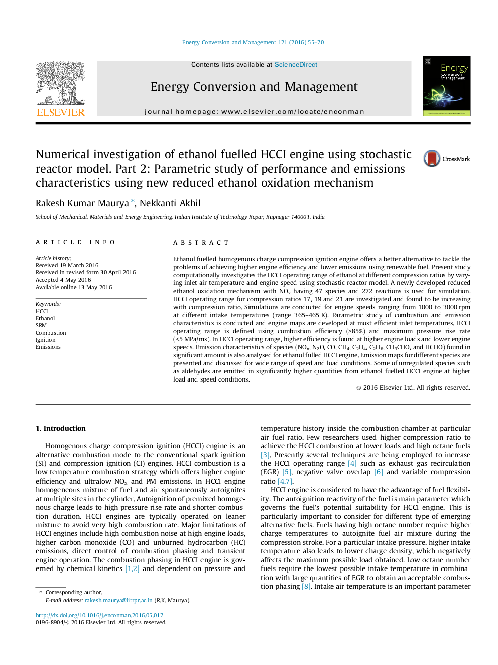 Numerical investigation of ethanol fuelled HCCI engine using stochastic reactor model. Part 2: Parametric study of performance and emissions characteristics using new reduced ethanol oxidation mechanism