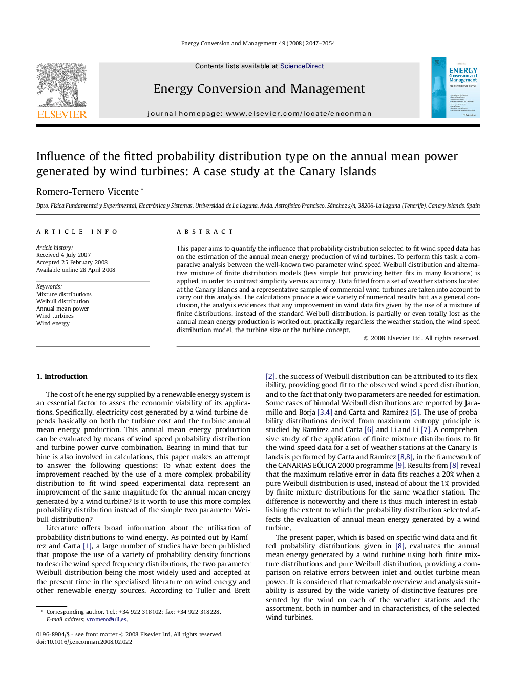 Influence of the fitted probability distribution type on the annual mean power generated by wind turbines: A case study at the Canary Islands