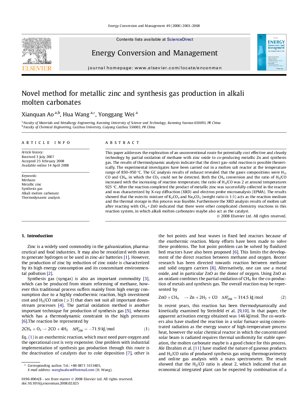 Novel method for metallic zinc and synthesis gas production in alkali molten carbonates