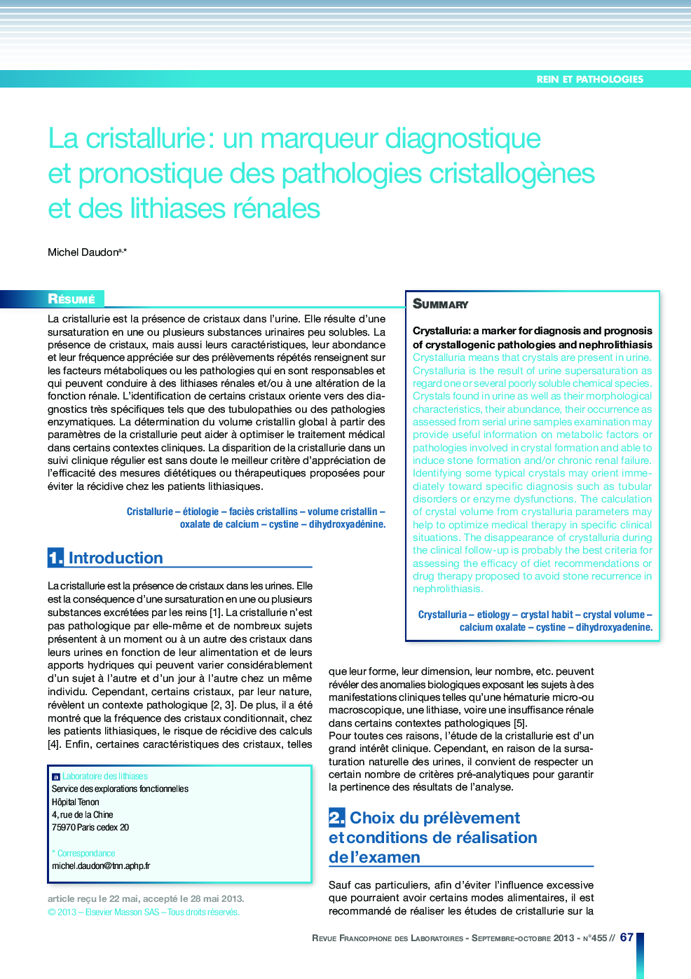 La cristallurie : un marqueur diagnostique et pronostique des pathologies cristallogÃ¨nes et des lithiases rénales