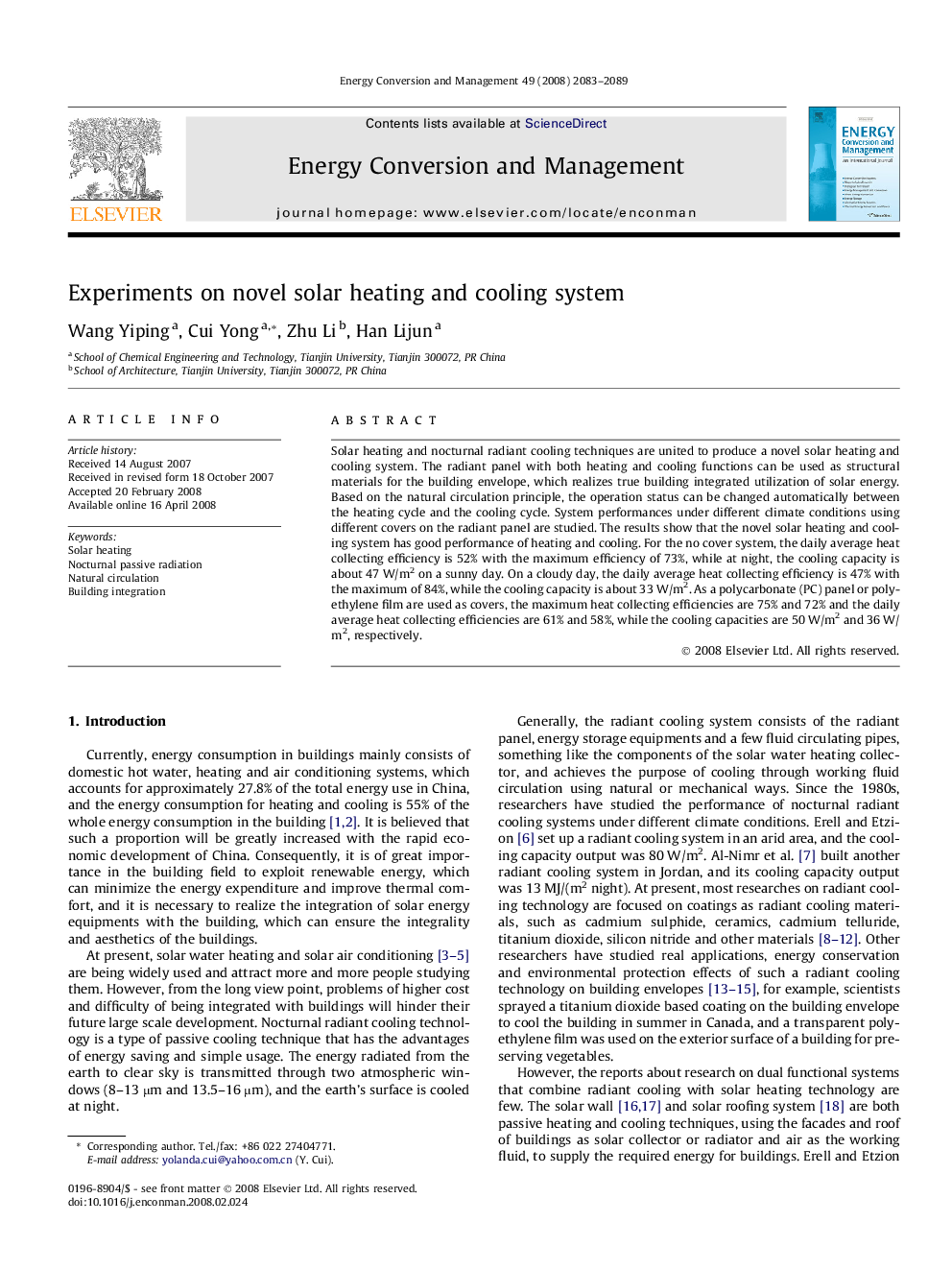 Experiments on novel solar heating and cooling system