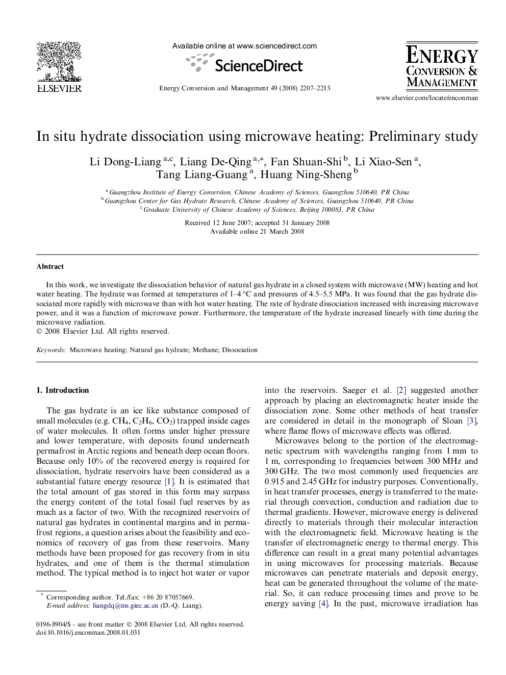 In situ hydrate dissociation using microwave heating: Preliminary study