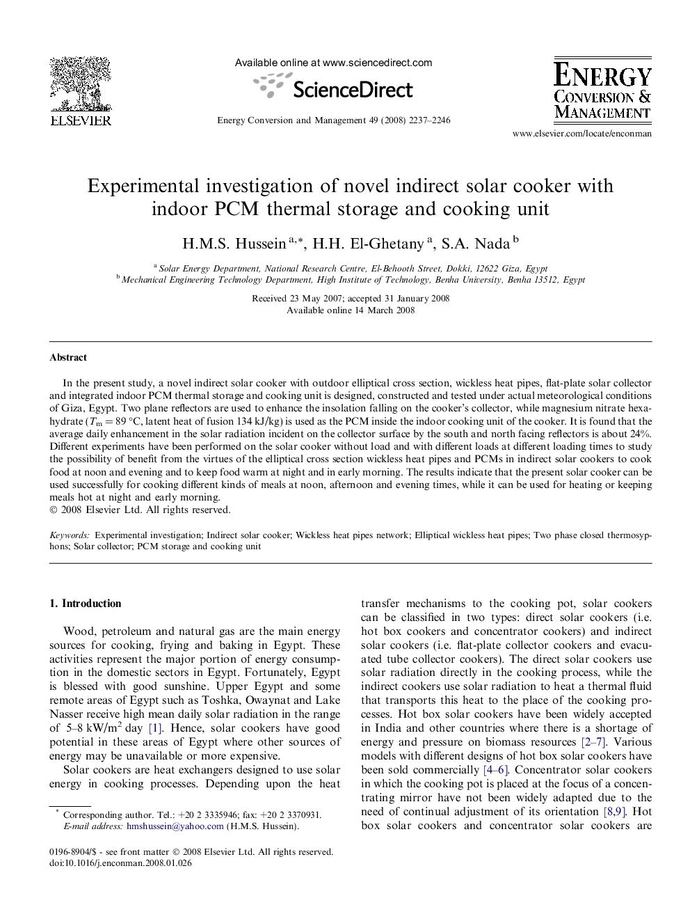 Experimental investigation of novel indirect solar cooker with indoor PCM thermal storage and cooking unit