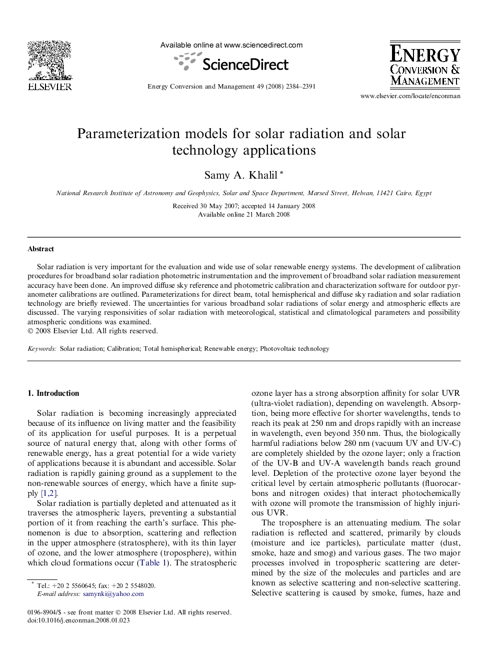 Parameterization models for solar radiation and solar technology applications