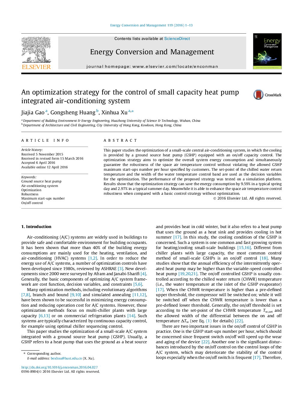 An optimization strategy for the control of small capacity heat pump integrated air-conditioning system