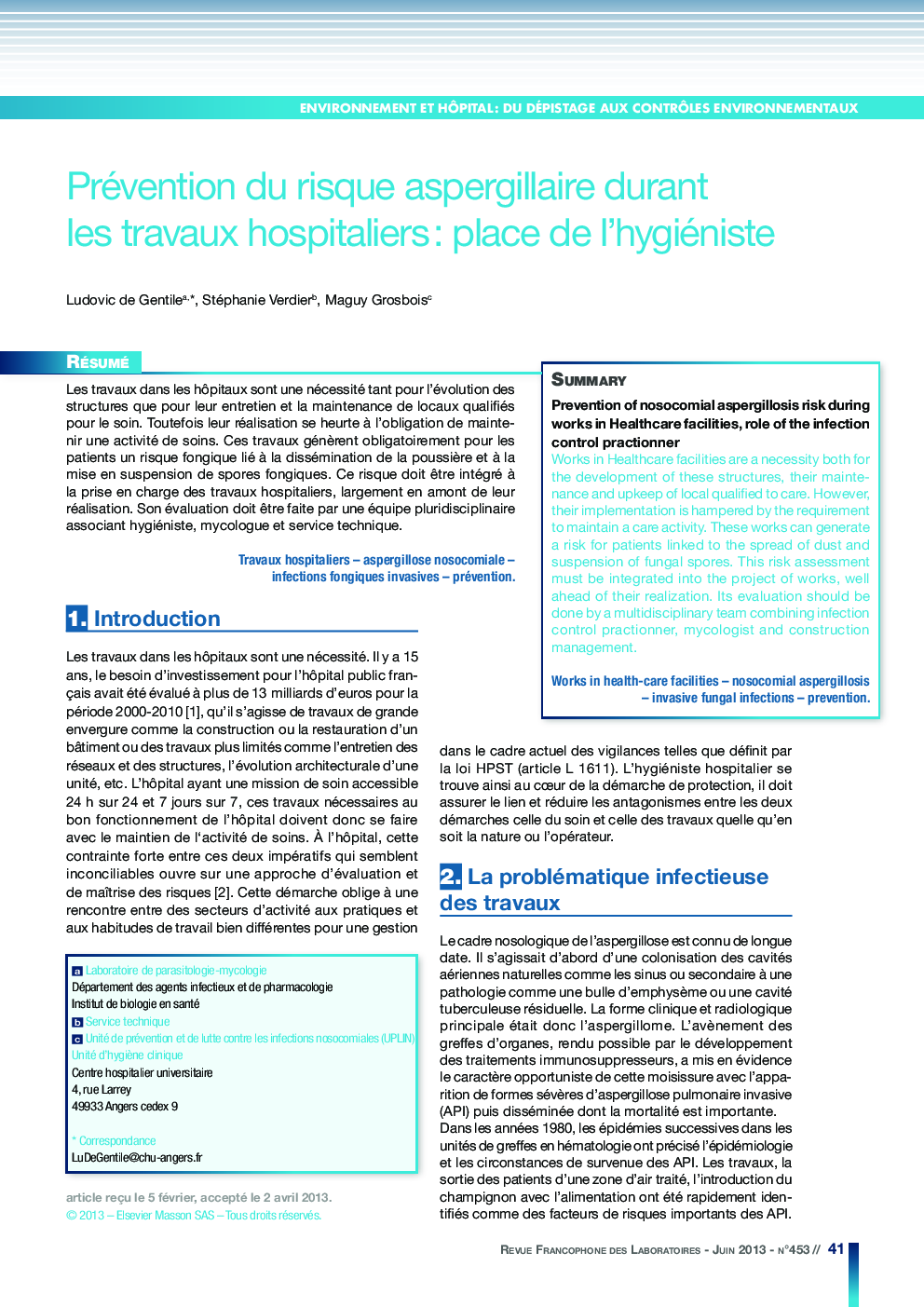 Prévention du risque aspergillaire durant les travaux hospitaliers : place de l'hygiéniste