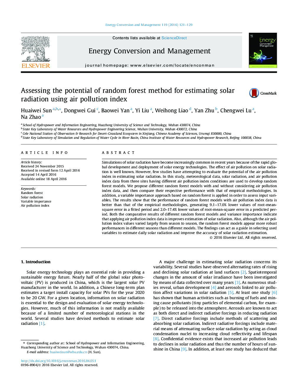 Assessing the potential of random forest method for estimating solar radiation using air pollution index