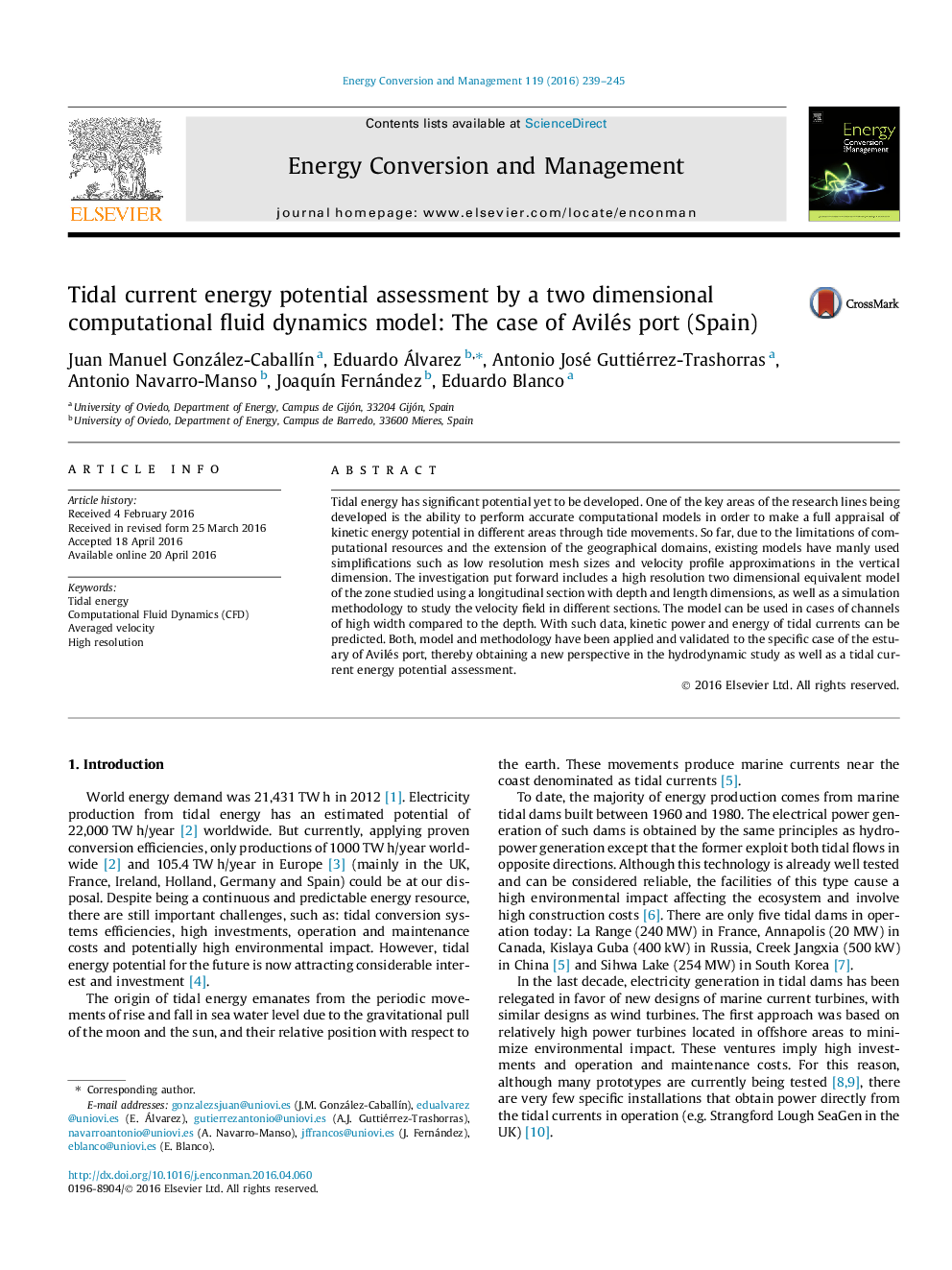 Tidal current energy potential assessment by a two dimensional computational fluid dynamics model: The case of Avilés port (Spain)