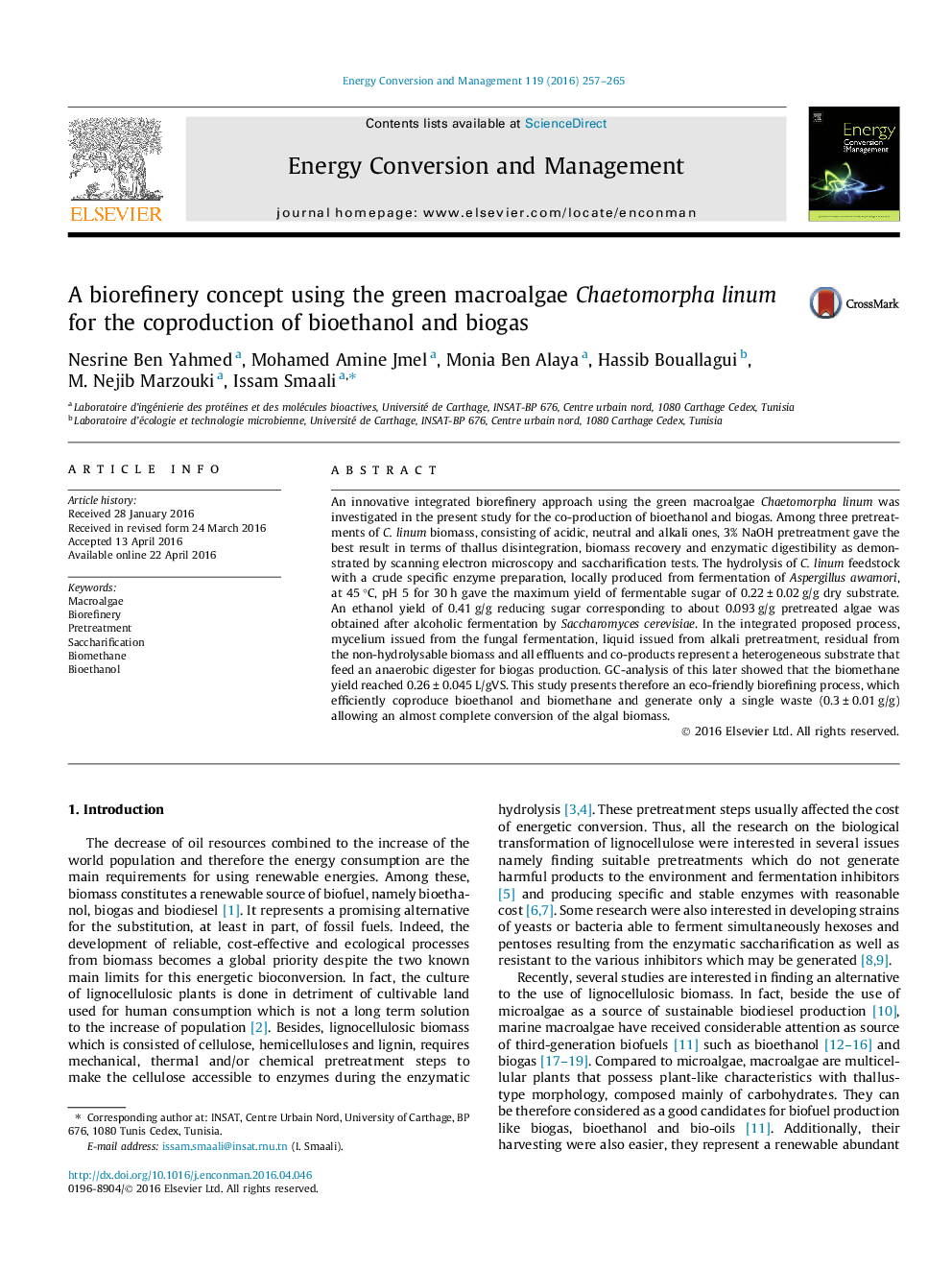 A biorefinery concept using the green macroalgae Chaetomorpha linum for the coproduction of bioethanol and biogas