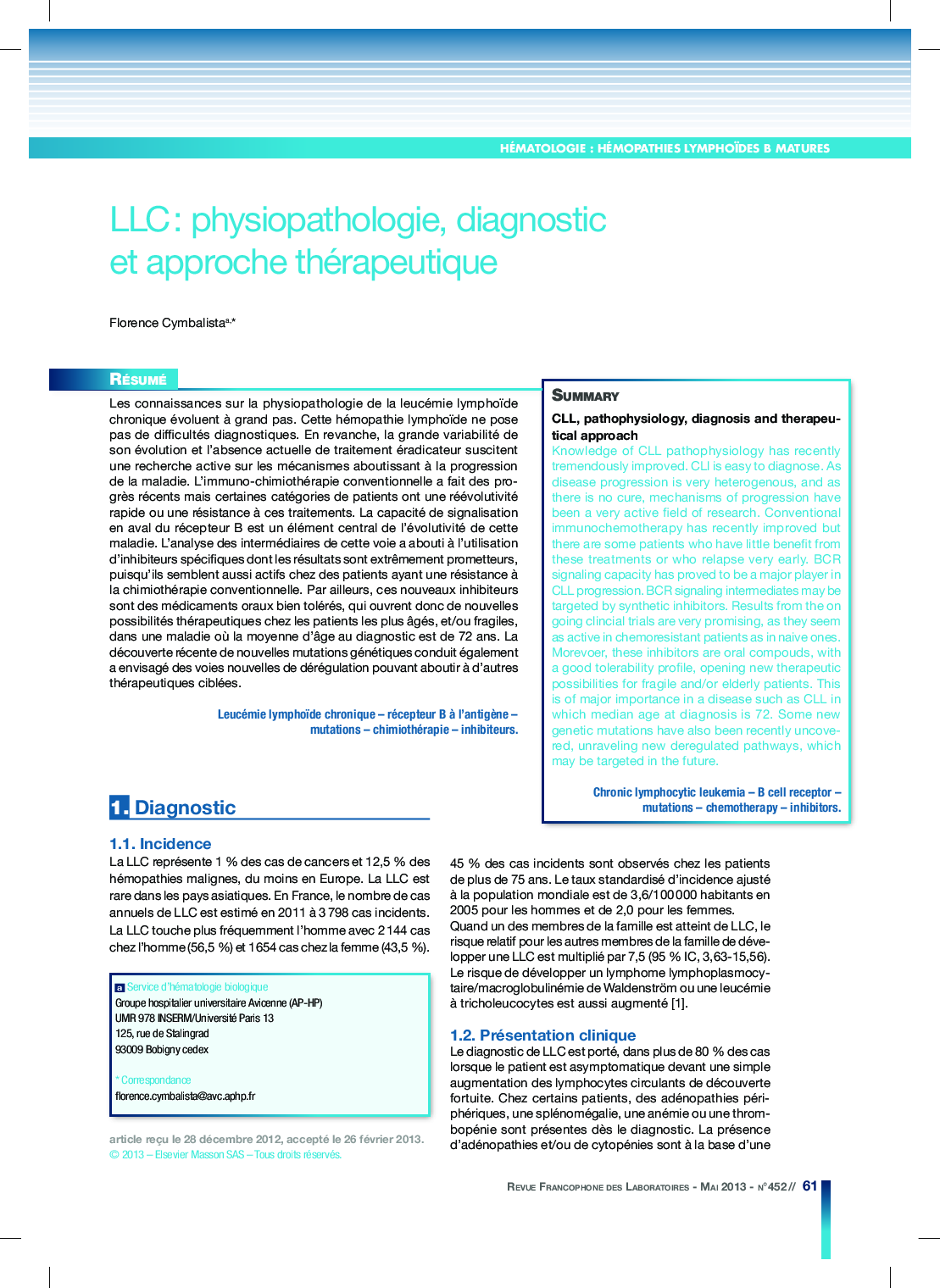 LLC: physiopathologie, diagnostic et approche thérapeutique