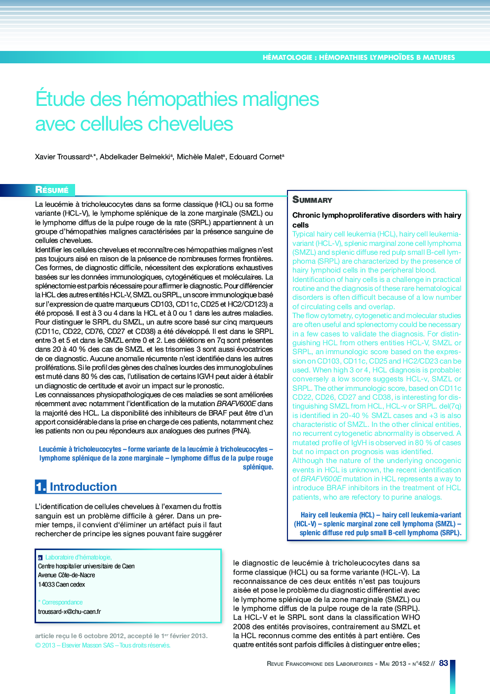 عکس صفحه اول مقاله: Ãtude des hémopathies malignes avec cellules chevelues Ãtude des hémopathies malignes avec cellules chevelues