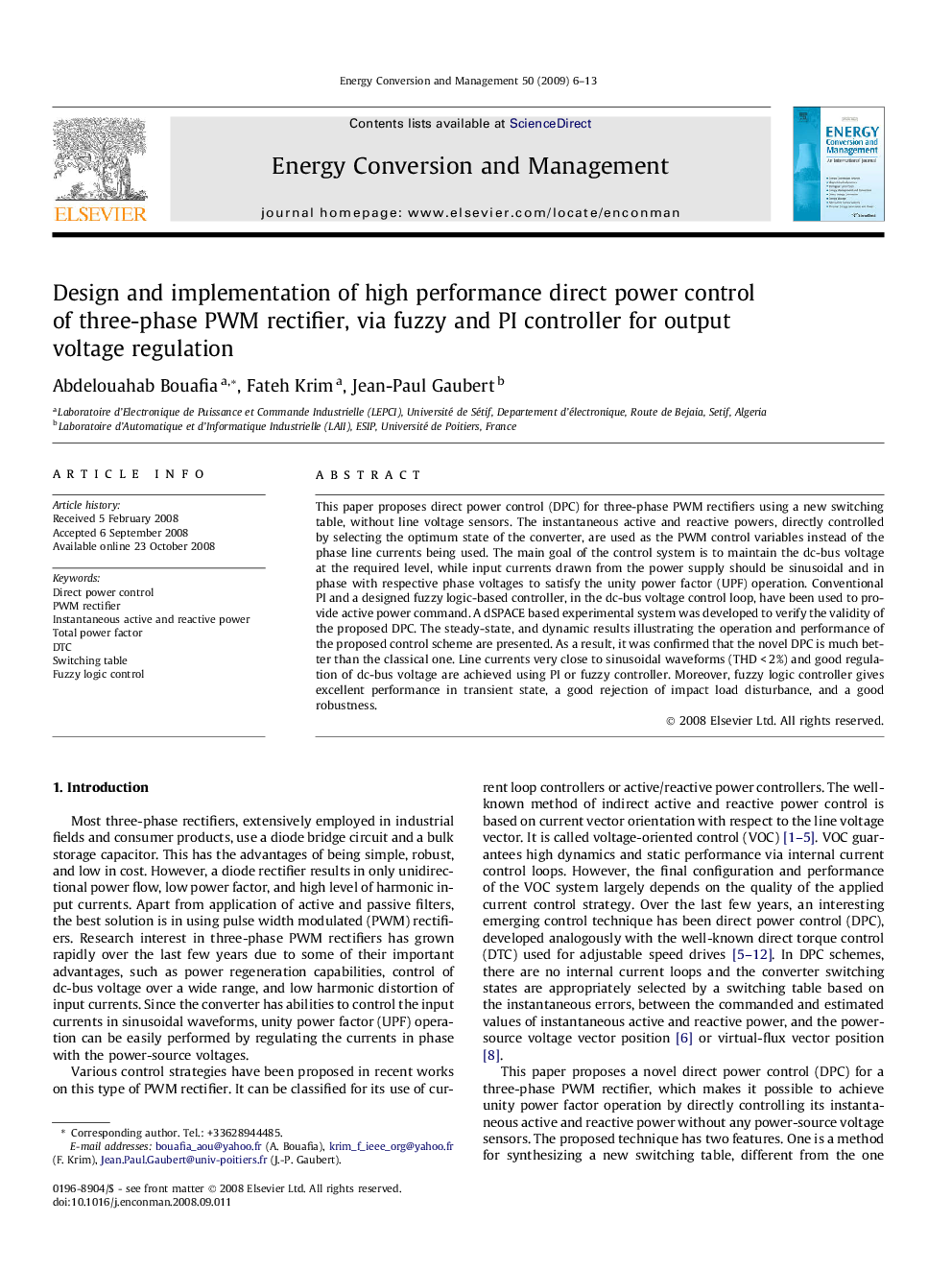 Design and implementation of high performance direct power control of three-phase PWM rectifier, via fuzzy and PI controller for output voltage regulation