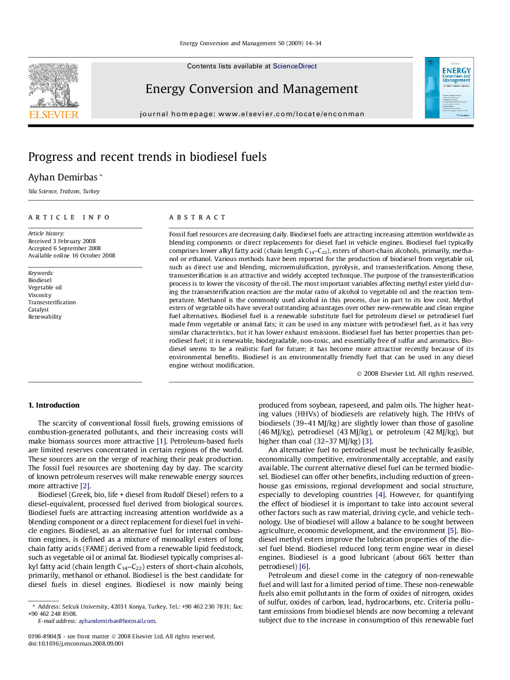 Progress and recent trends in biodiesel fuels