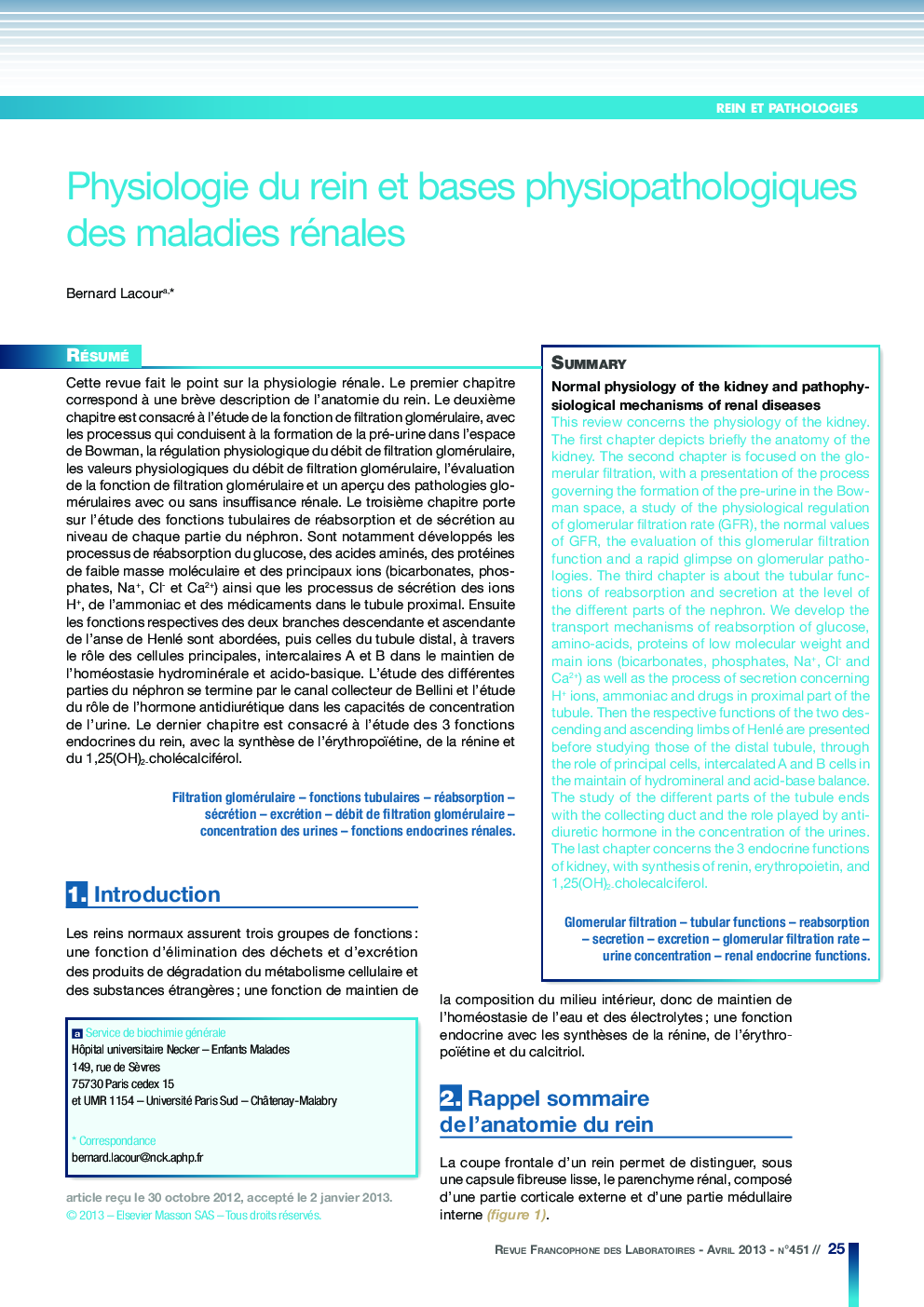 Physiologie du rein et bases physiopathologiques des maladies rénales