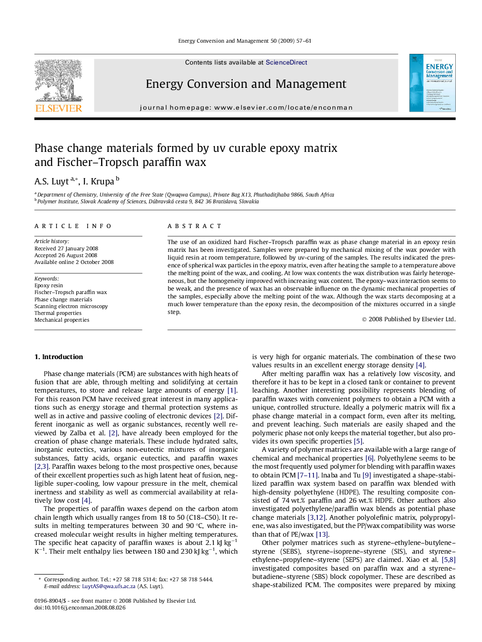 Phase change materials formed by uv curable epoxy matrix and Fischer–Tropsch paraffin wax