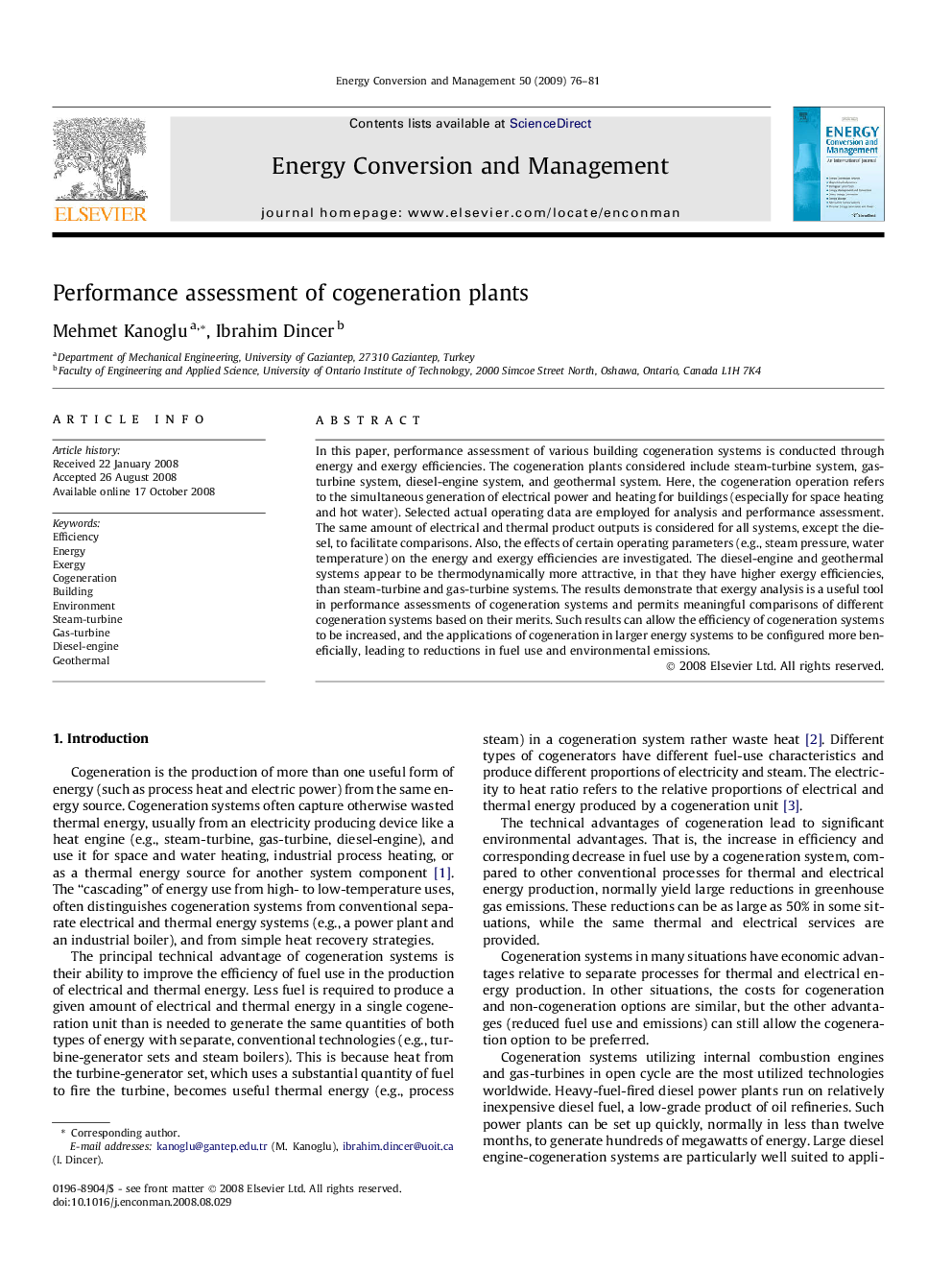 Performance assessment of cogeneration plants