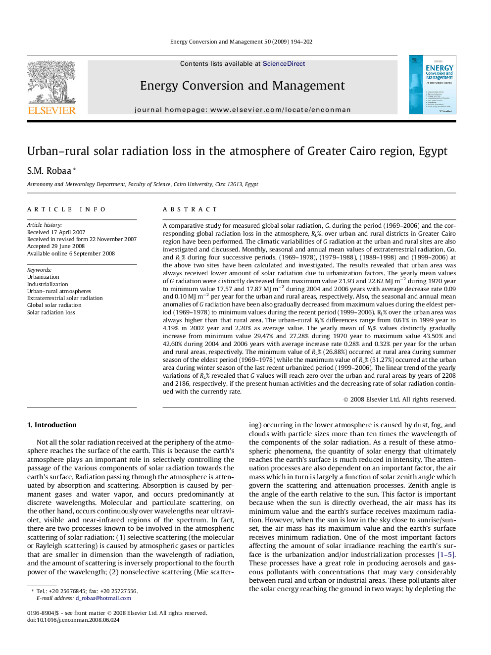 Urban–rural solar radiation loss in the atmosphere of Greater Cairo region, Egypt