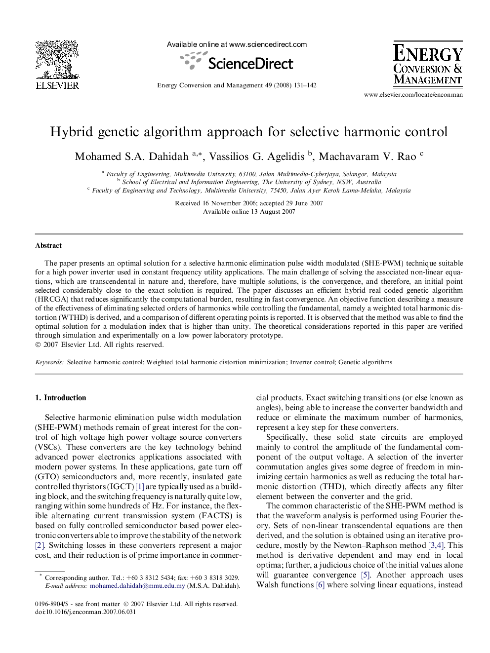 Hybrid genetic algorithm approach for selective harmonic control