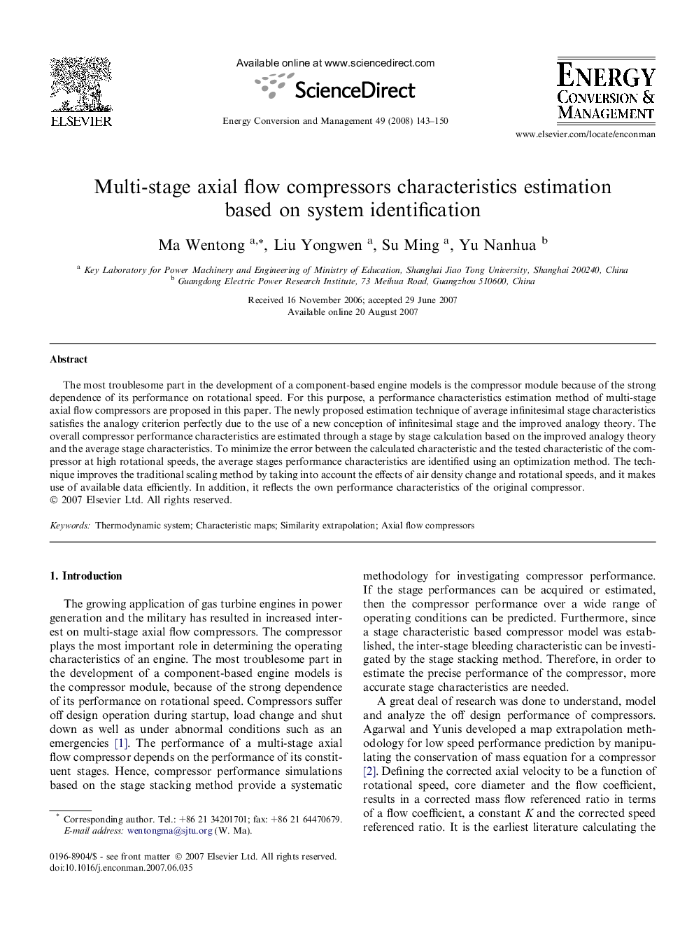 Multi-stage axial flow compressors characteristics estimation based on system identification