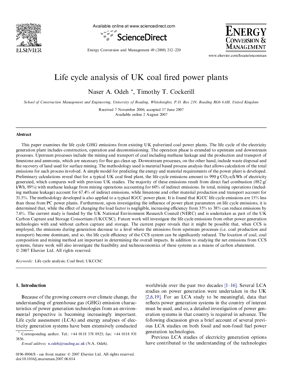 Life cycle analysis of UK coal fired power plants