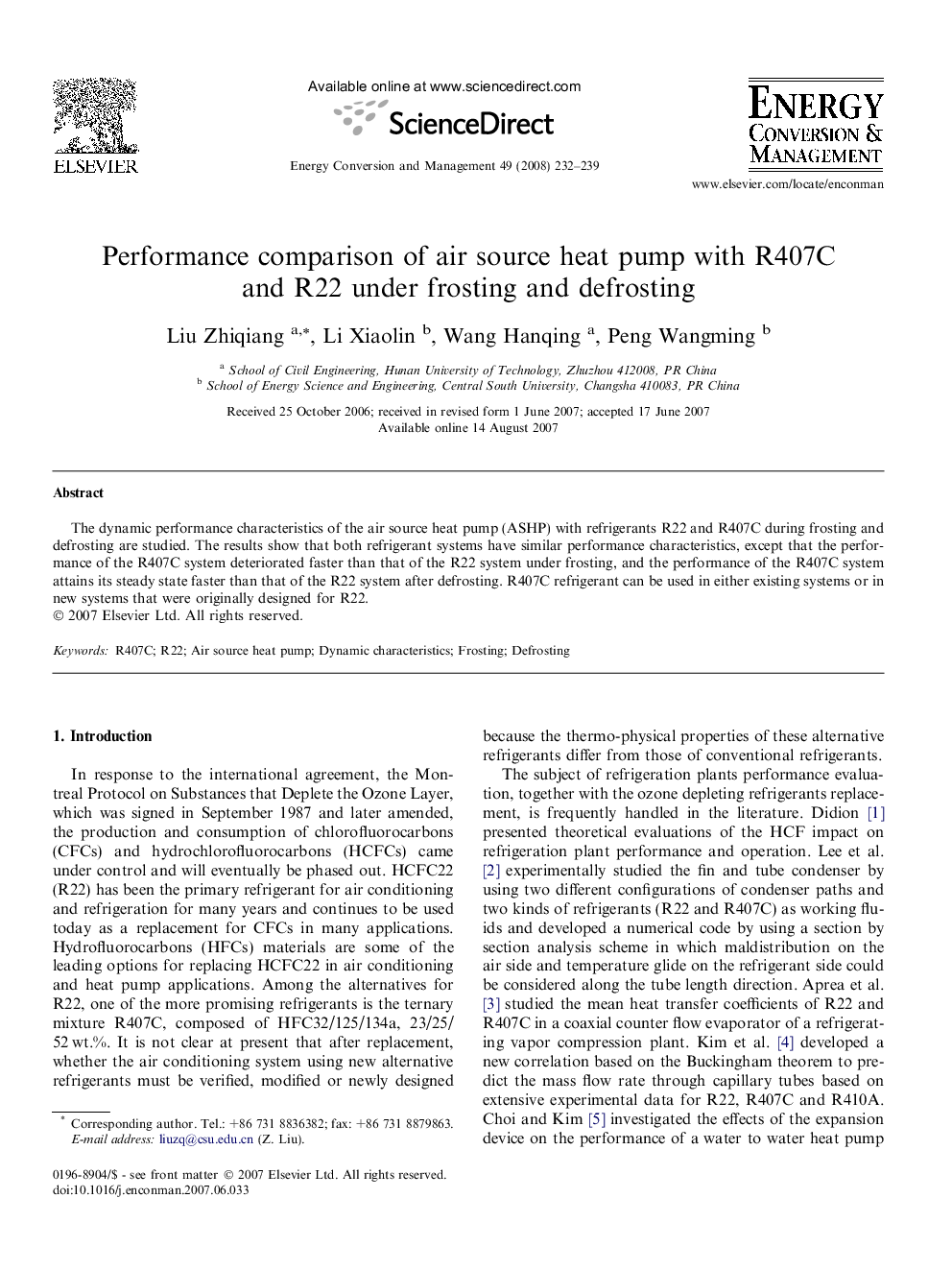 Performance comparison of air source heat pump with R407C and R22 under frosting and defrosting