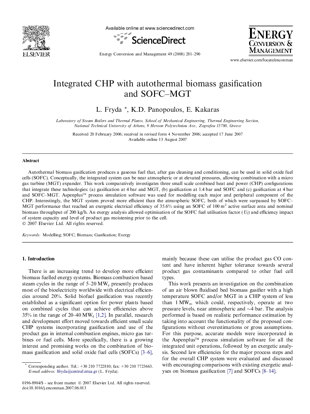 Integrated CHP with autothermal biomass gasification and SOFC–MGT