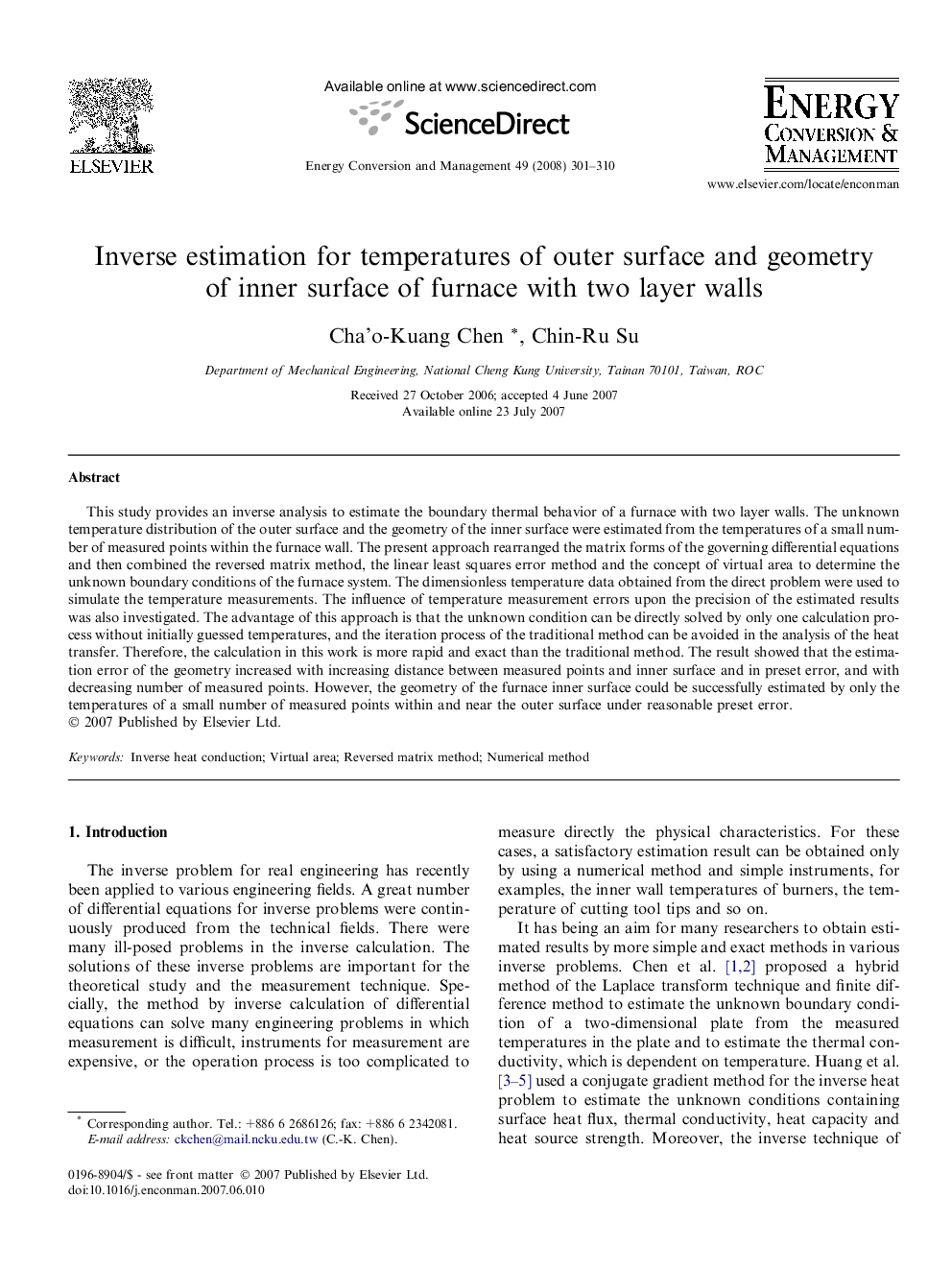 Inverse estimation for temperatures of outer surface and geometry of inner surface of furnace with two layer walls