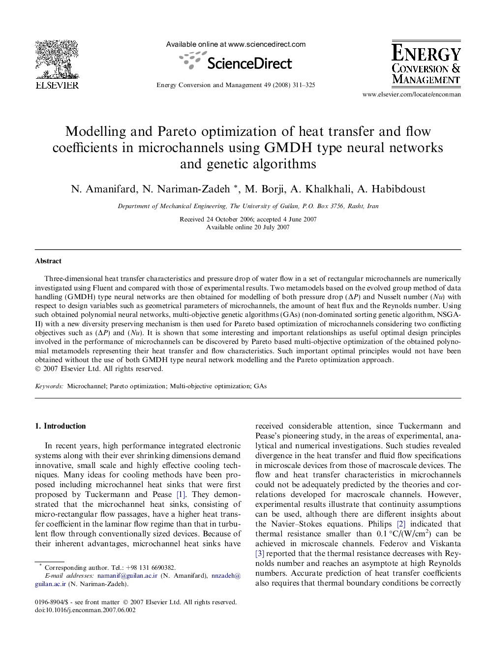 Modelling and Pareto optimization of heat transfer and flow coefficients in microchannels using GMDH type neural networks and genetic algorithms