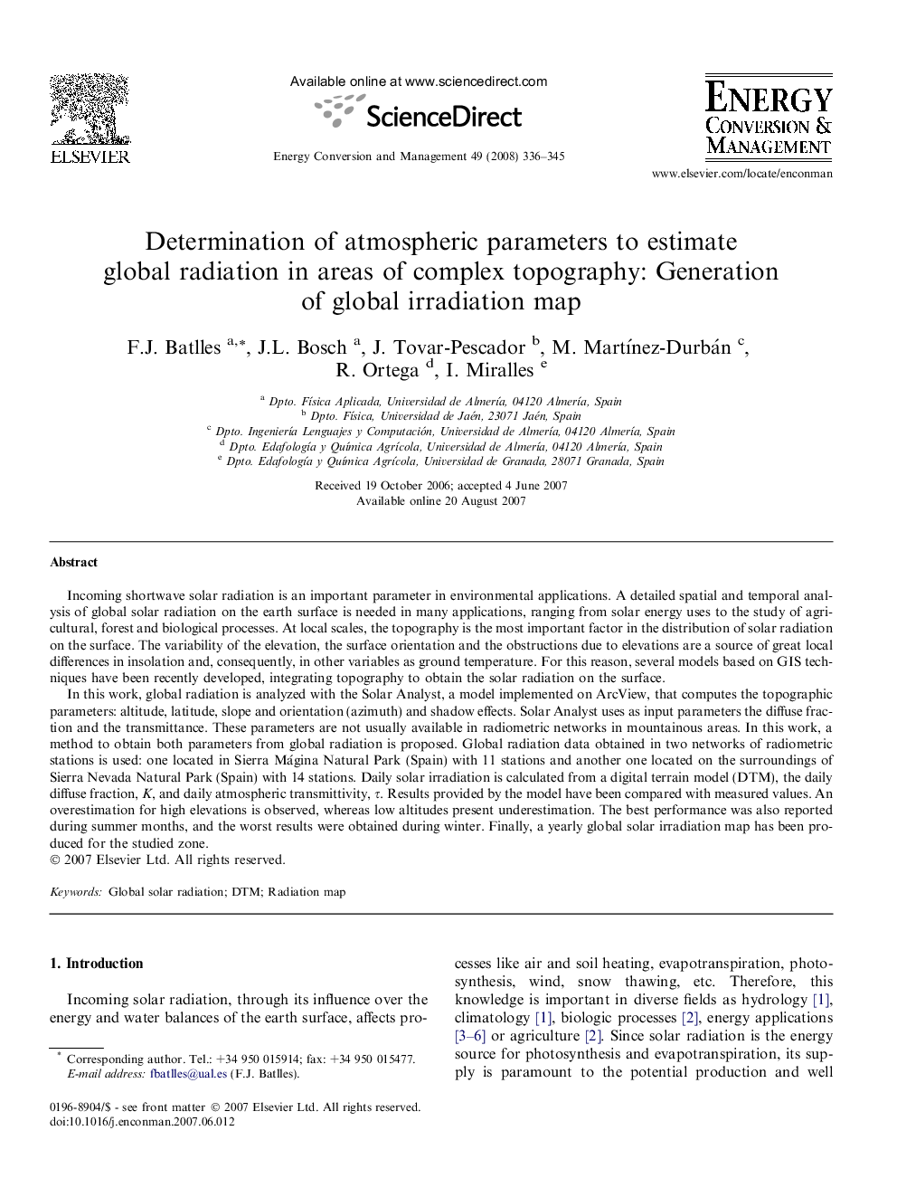 Determination of atmospheric parameters to estimate global radiation in areas of complex topography: Generation of global irradiation map